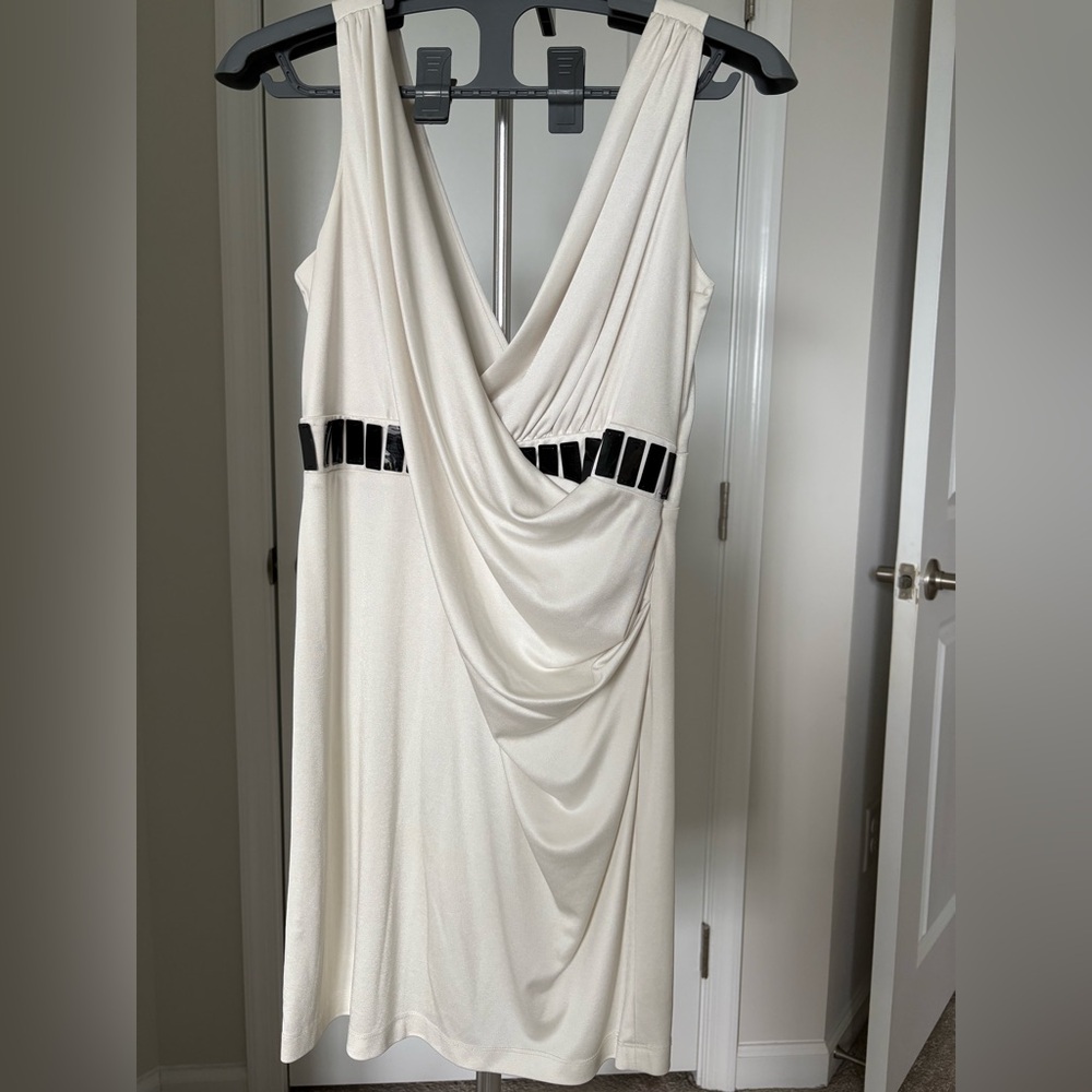 Cream Sleeveless Sheath Dress with Cowl Neck